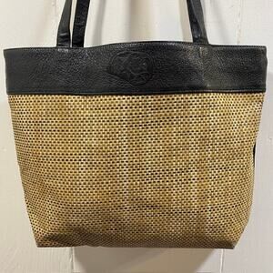 Carlos Falchi Large Tote Woven Tan Material with Black Leather Double Handles